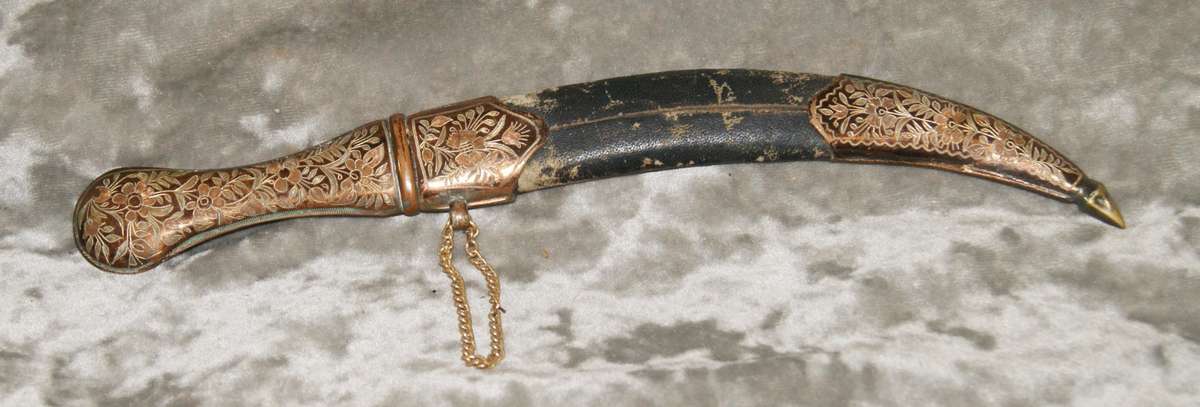 Moroccan style dagger with leather and etched copper scabbard