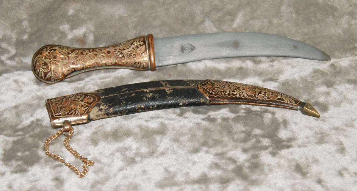 Moroccan style dagger with leather and etched copper scabbard