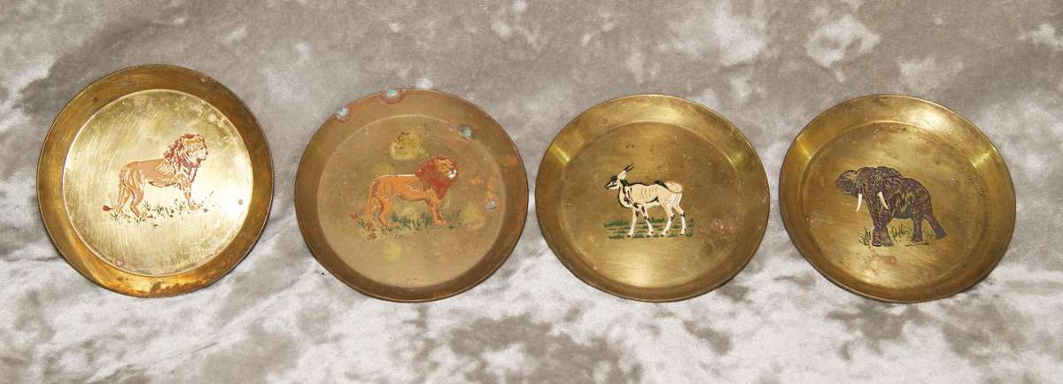 Set of 4 enameled brass coasters featuring African animals