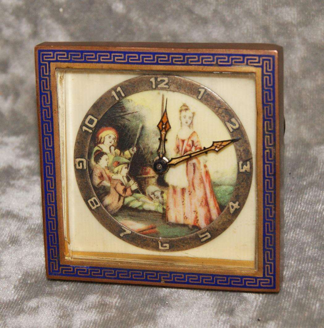 Antique table clock brass and enamel case with hand painted face (untested)