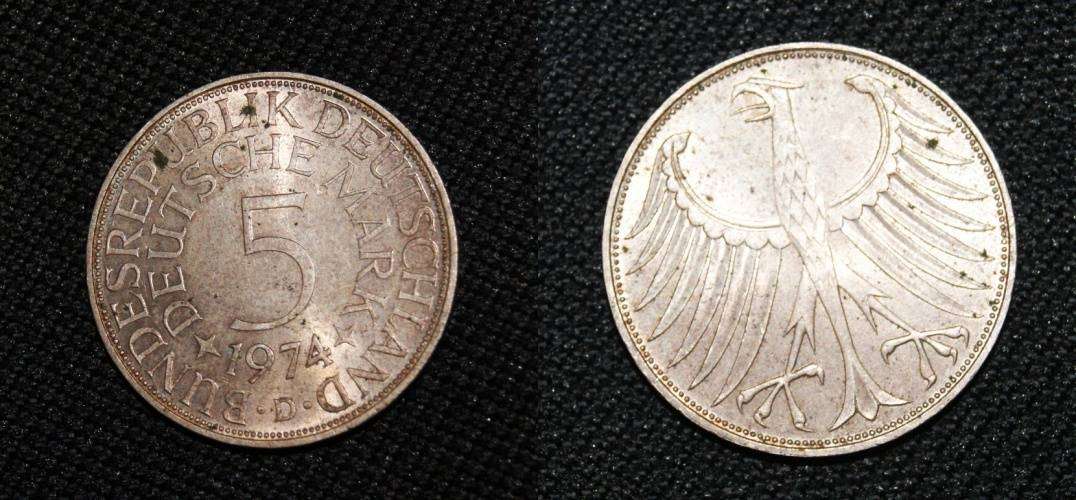1974 5 Deutsche Mark D Mint Mark