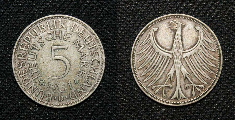 1951 5 Deutsche Mark D Mint Mark (XF)