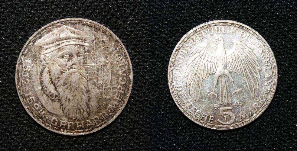 1969 5 Deutsche Mark F Mint Mark "Gerhard Mercator"