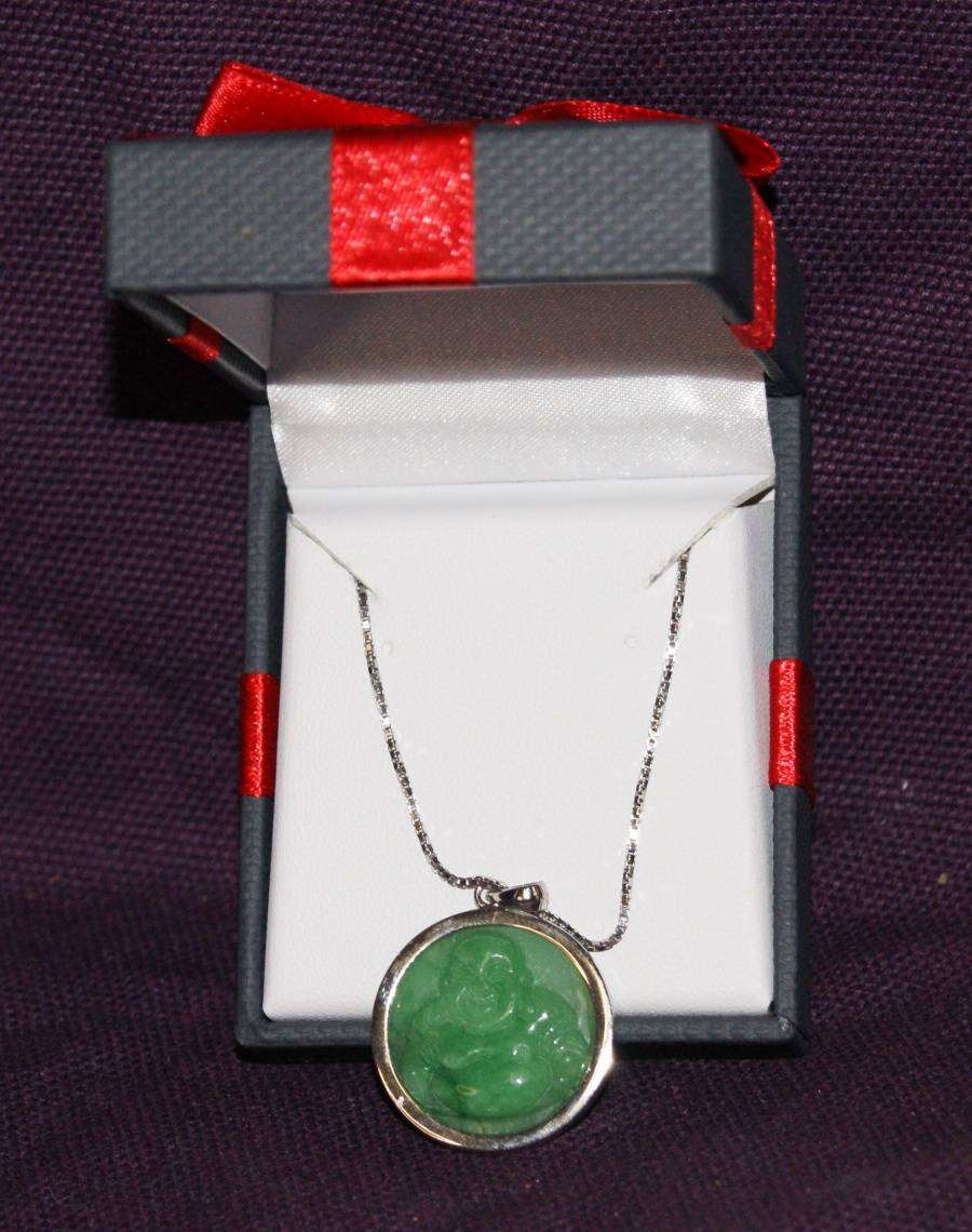 Sterling Silver and Jade Laughing Buddha Pendant on Sterling Silver Chain