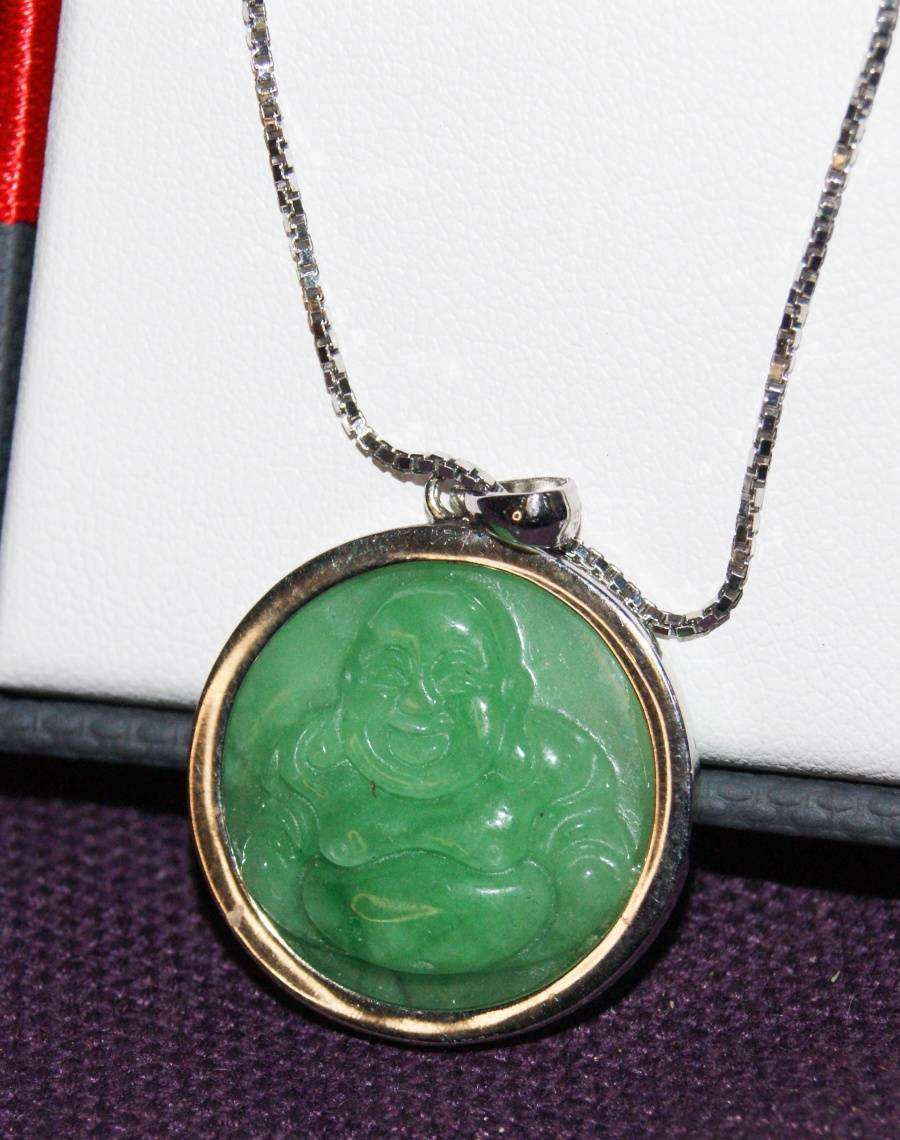 Sterling Silver and Jade Laughing Buddha Pendant on Sterling Silver Chain