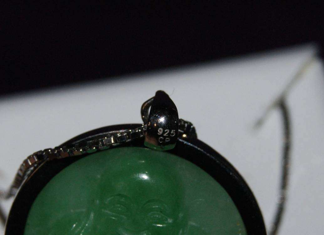 Sterling Silver and Jade Laughing Buddha Pendant on Sterling Silver Chain
