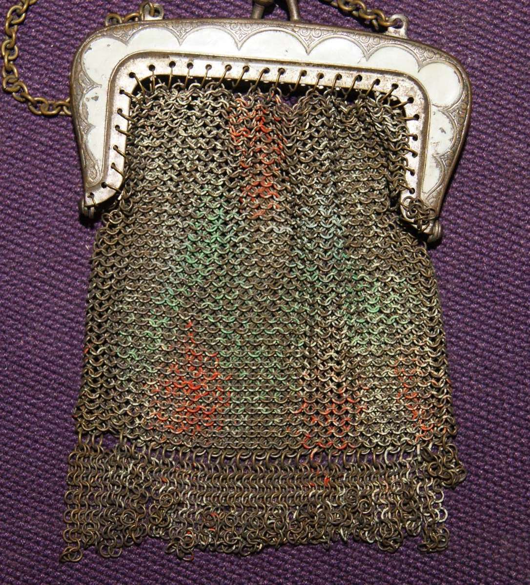Vintage Art Deco Painted Mesh Flapper Purse with Enameled Frame