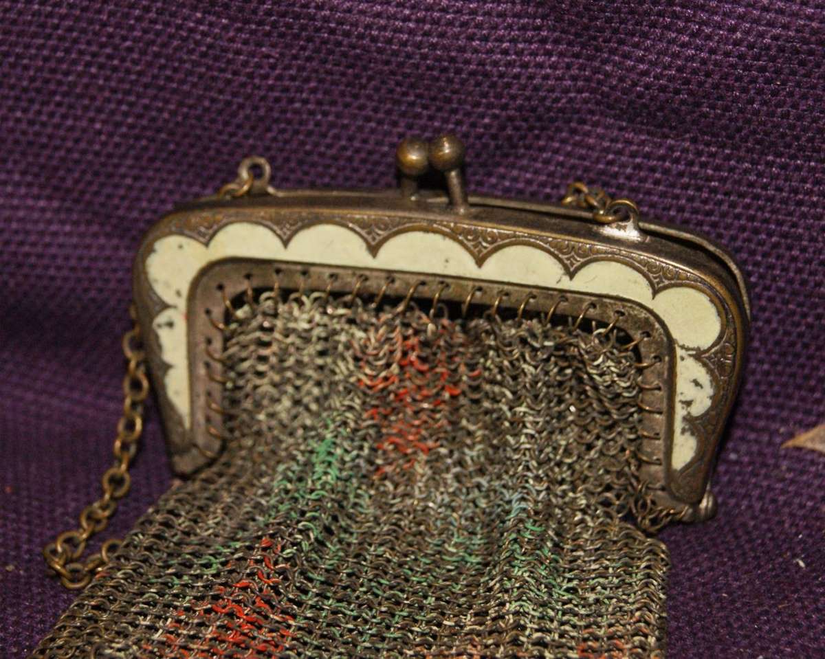 Vintage Art Deco Painted Mesh Flapper Purse with Enameled Frame