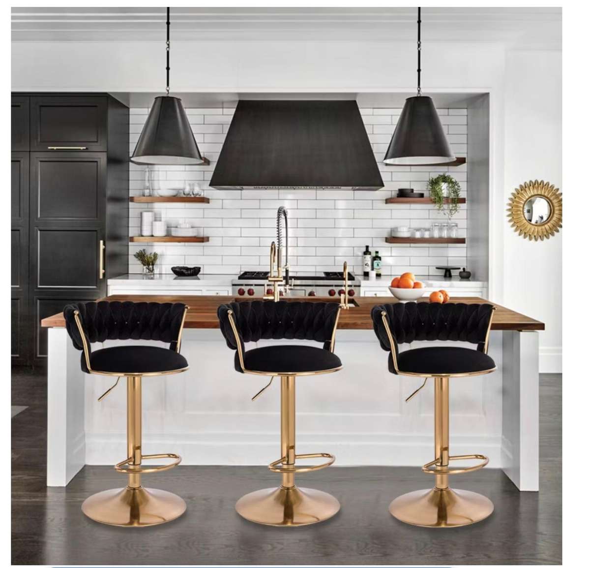 Elegant Velvet Barstool with Luxurious Golden Metal Base, Footrest - Black - Secondhand/Demo