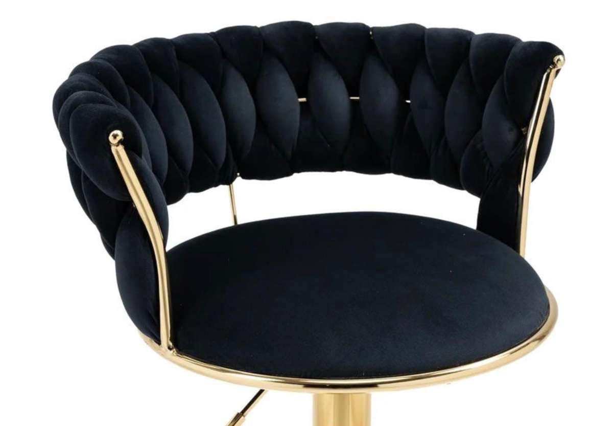 Elegant Velvet Barstool with Luxurious Golden Metal Base, Footrest - Black - Secondhand/Demo