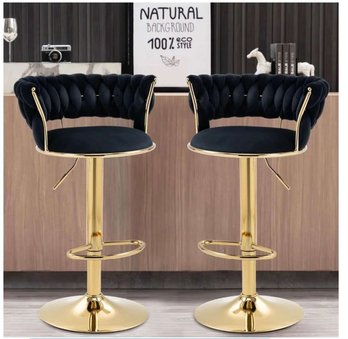 Elegant Velvet Barstool with Luxurious Golden Metal Base, Footrest - Black - Secondhand/Demo