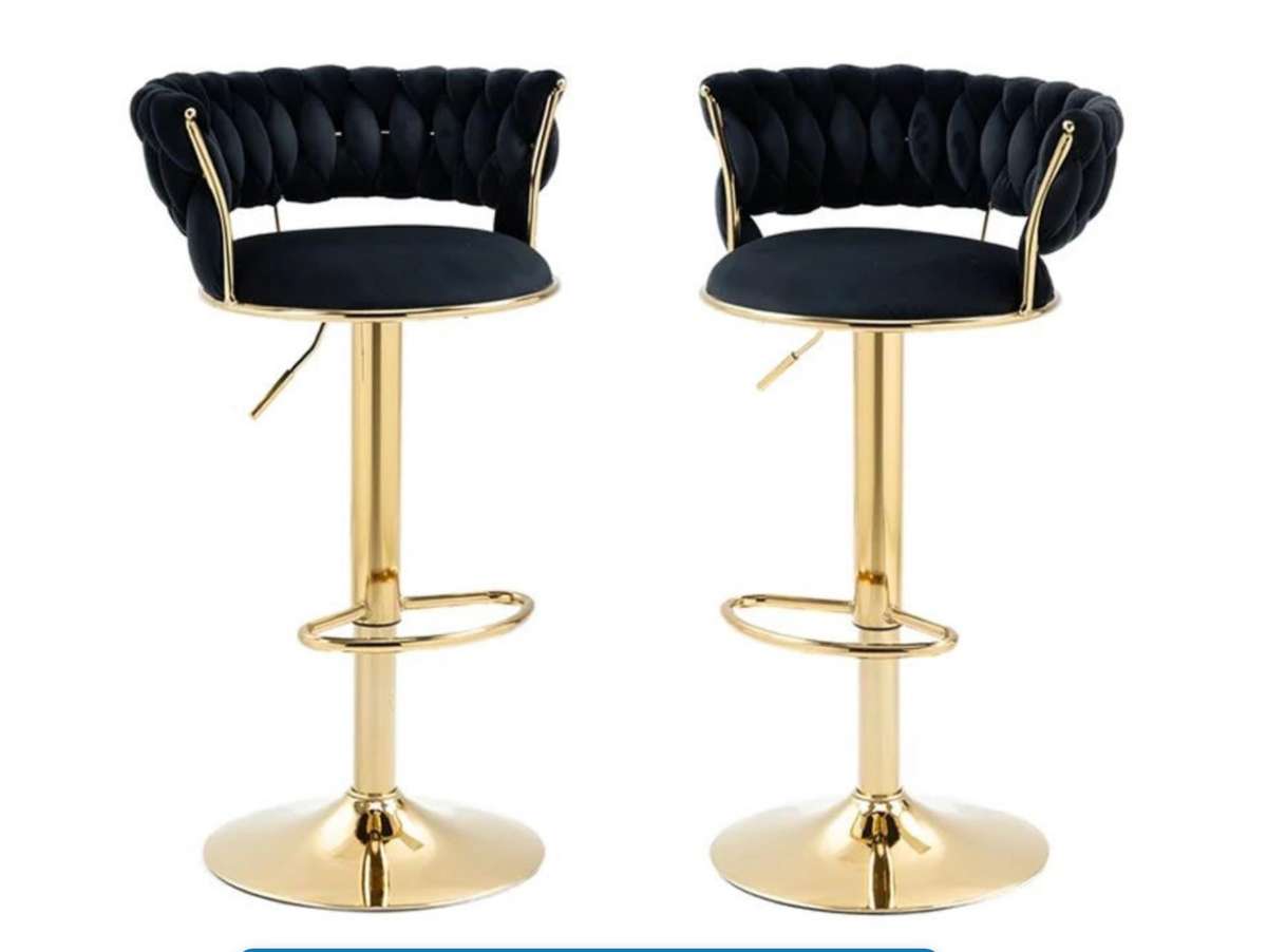 Elegant Velvet Barstool with Luxurious Golden Metal Base, Footrest - Black - Secondhand/Demo