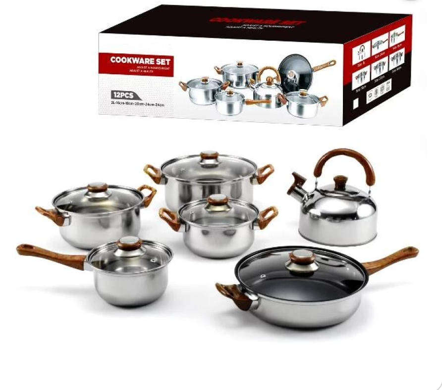 12pcs Stainless Steel Cookware Set With Kettle Stainless Steel Cookware Set  (12 - Piece)