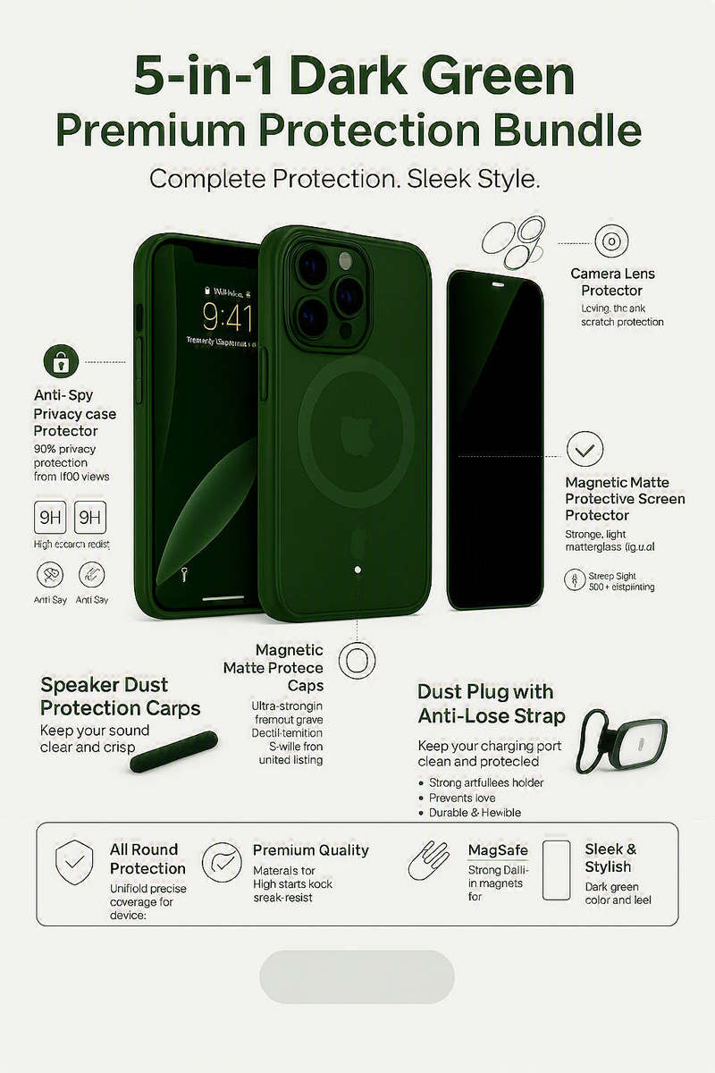 iPhone 17 ProMax 5-in-1 Dark Green Premium Protection Bundle