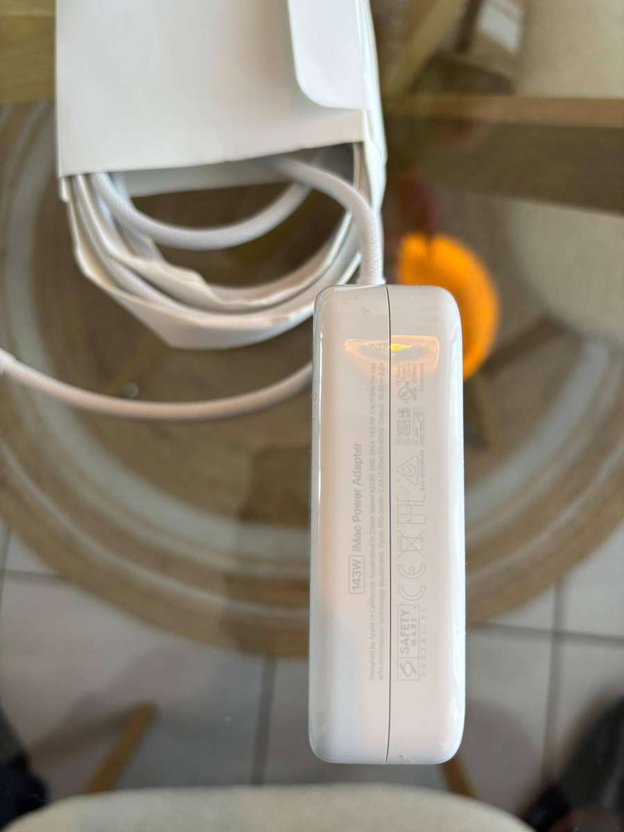 Original Apple 143W Power Adapter (Model A2290) designed for the 24-inch iMac with M1 or M3 chip.