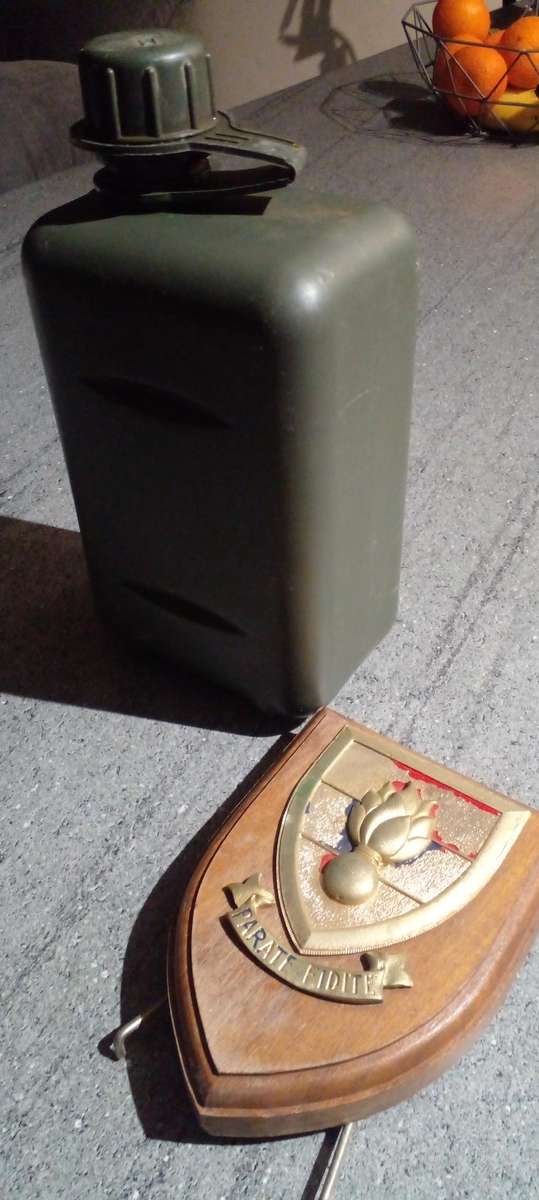 2x OLD SADF ISSUES. A 2 L WATER BOTTLE AND A SADF ENGINEERING CORPS (BIGGER SIZE) BADGE .