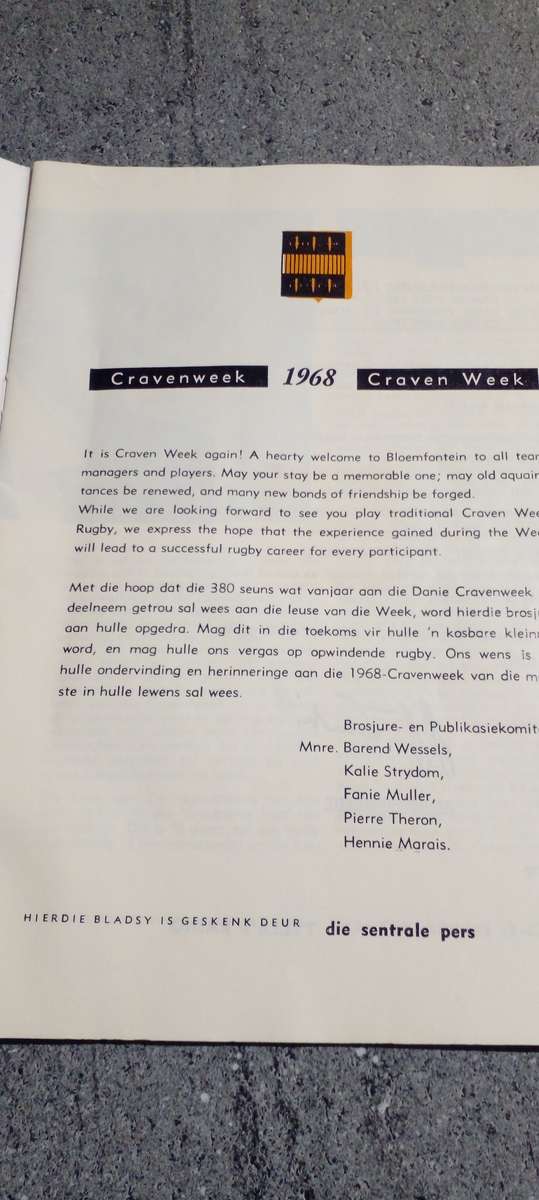 5 th Danie Craven week, Bfx. , 1 to 6 July 1968 , OFS RUGBY Stadium Official programme .Desc..