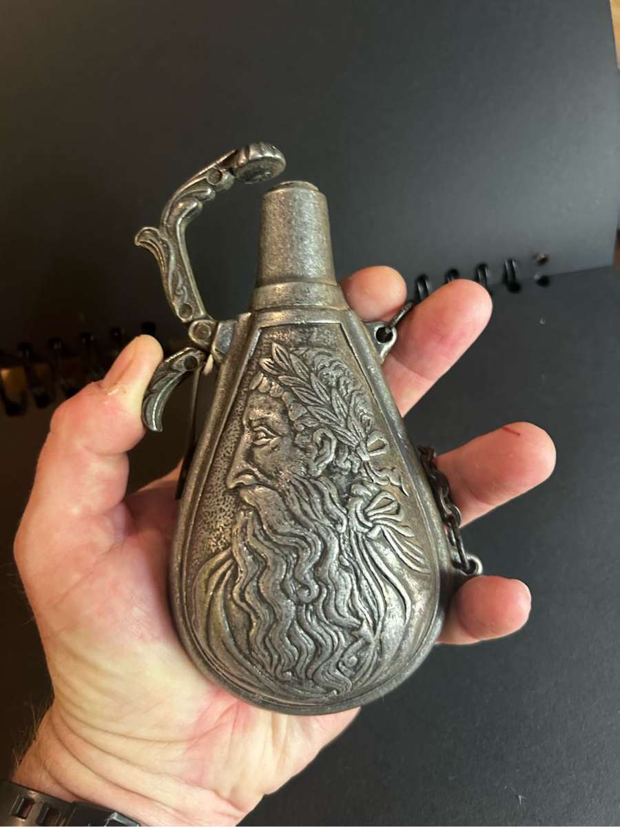 Cast pewter french black gun powder flask holder nude lady / god
