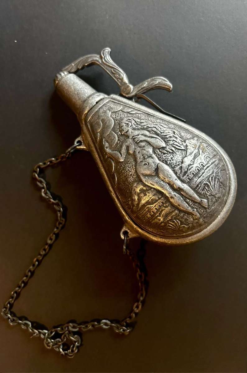 Cast pewter french black gun powder flask holder nude lady / god