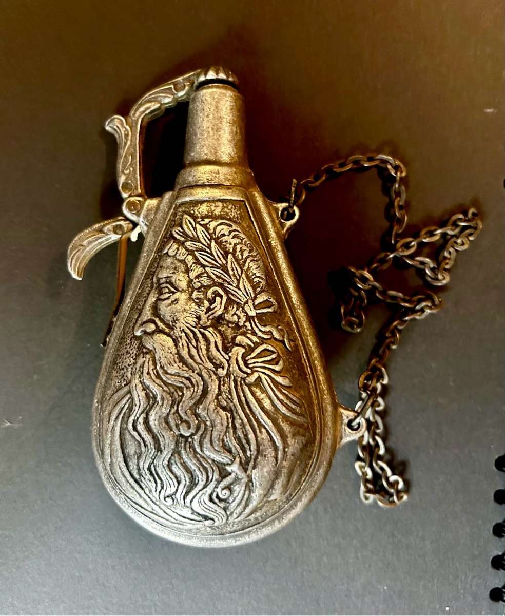 Cast pewter french black gun powder flask holder nude lady / god