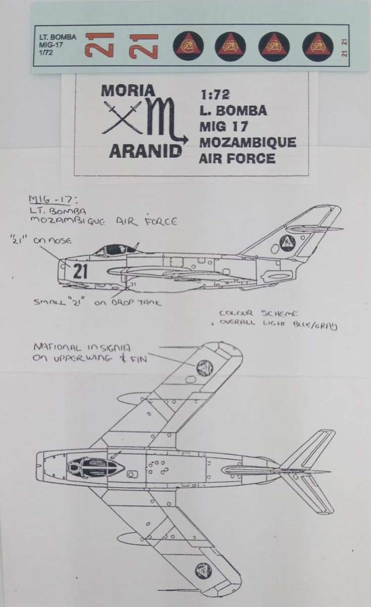 Moria Aranid Decals,  Mozambique MIG-17,  ACD-02, Pilot LT Bombo, 1/72 Scale