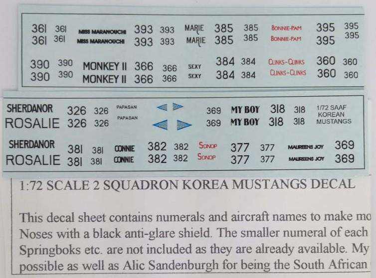 Moria Aranid Decals, SAAF 2 Squadron Mustangs Korea Badge, Names & Numbers, ACD-18, 1/72 Scale
