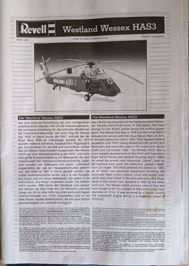 Revell Model, Westland Wessex HAS3, Rev04439, 1:72 Scale