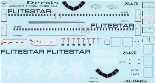Flitestar Airlines Decals, A320, ZS-NZR, AL-144-002, 1/144 Scale