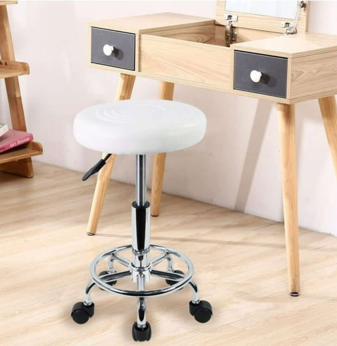 White Modern and Adjustable Mini Bar Stool with Wheels READ DESCRIPTION