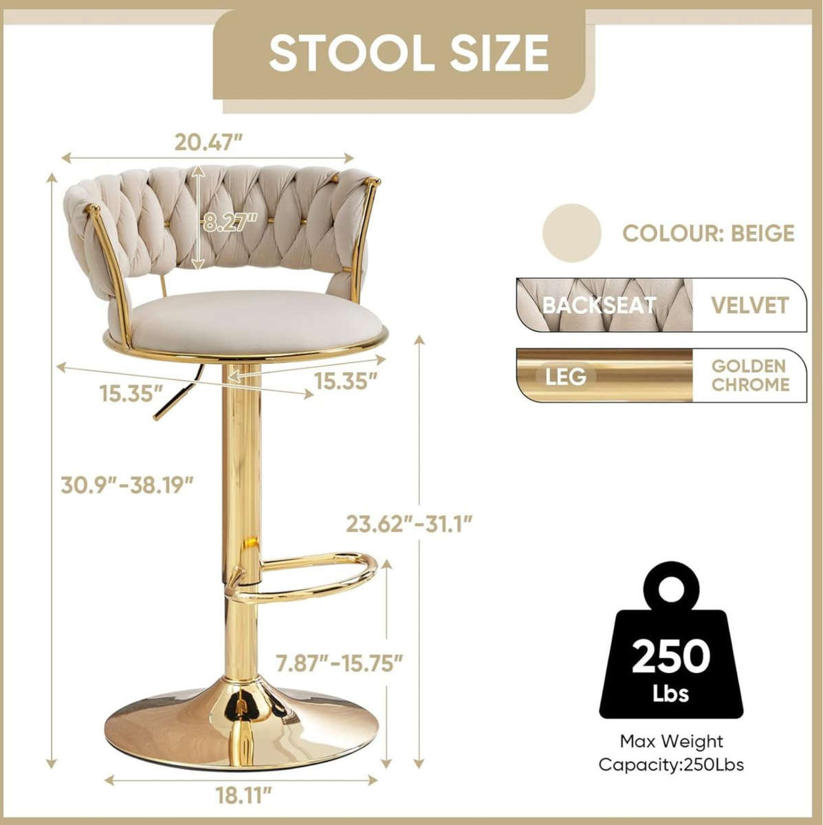 Cream Velvet Swivel Bar Stool