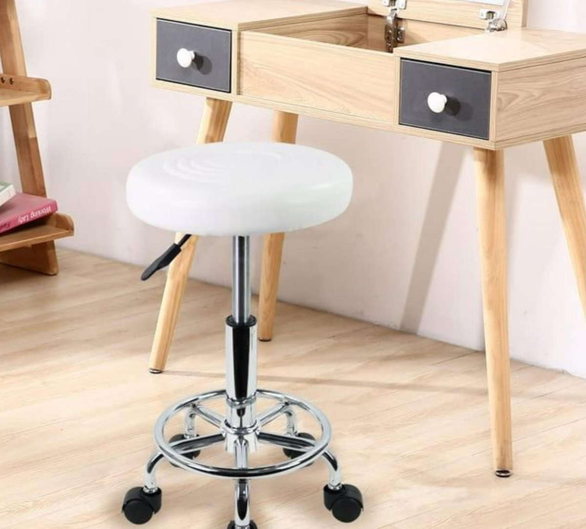 White Modern and Adjustable Mini Bar Stool with Wheels