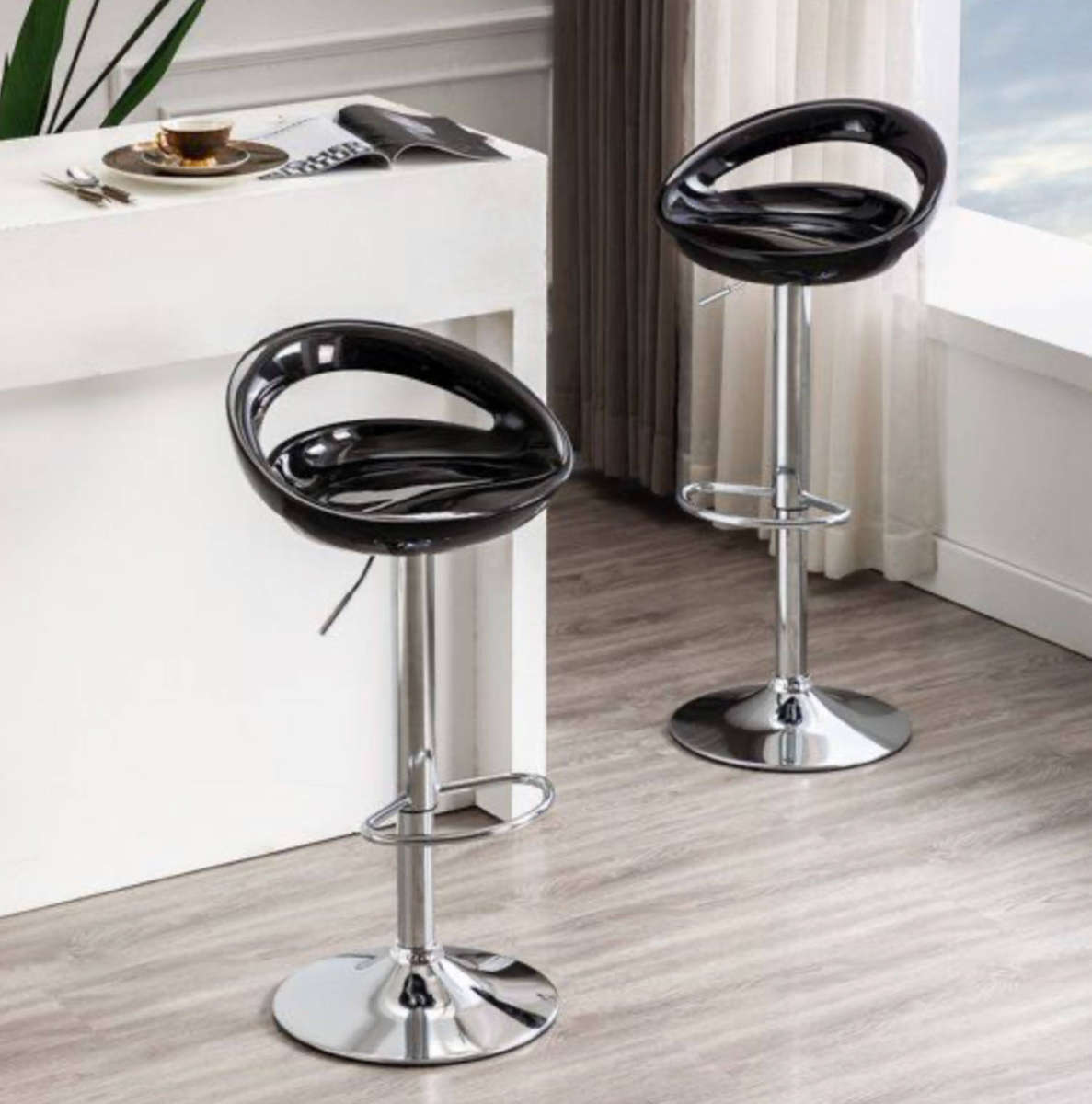 EggShell Barstool - Set of 2 Glossy Swivel Stools with Chrome Base Black Demo