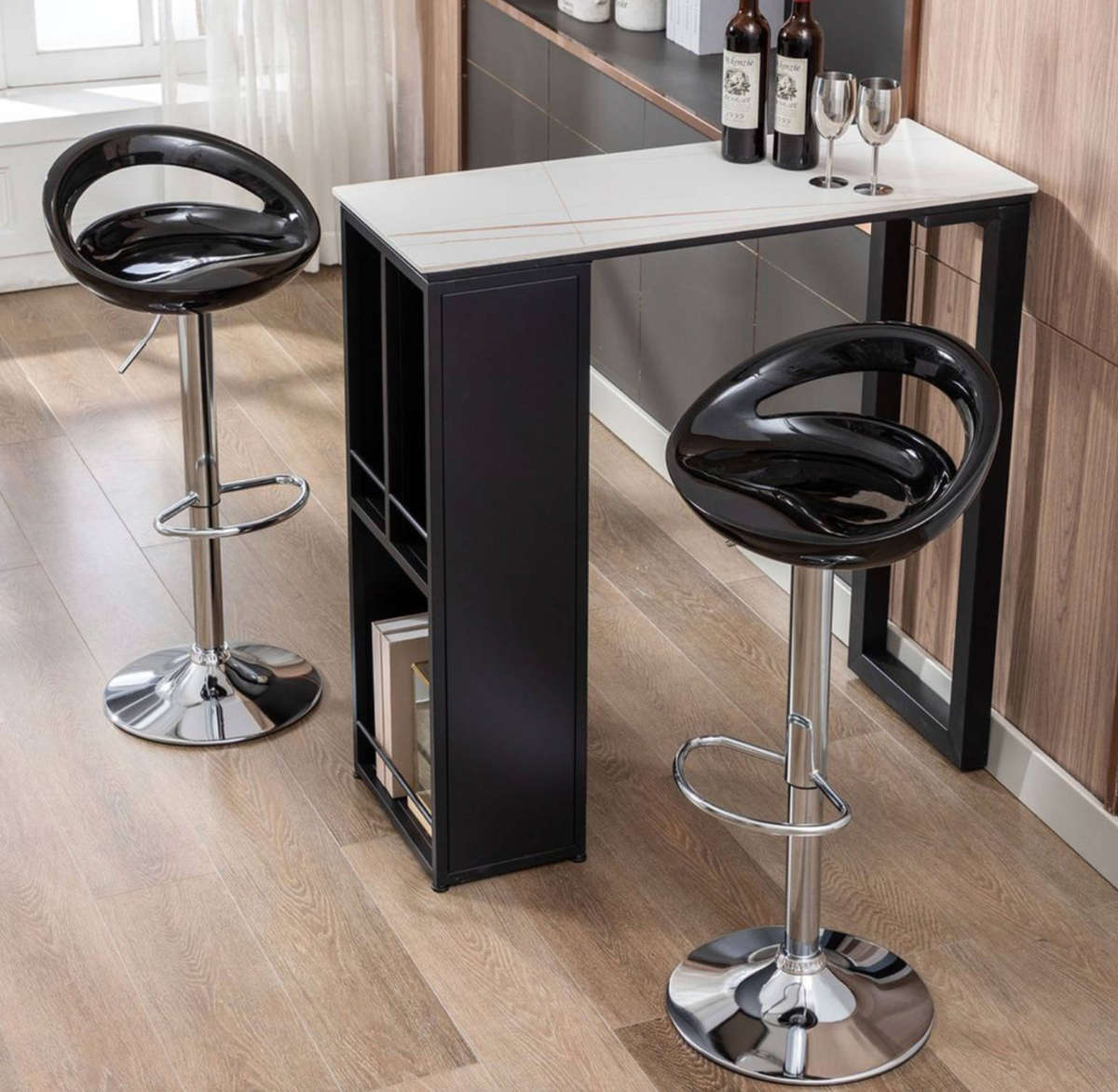 EggShell Barstool - Set of 2 Glossy Swivel Stools with Chrome Base Black Demo