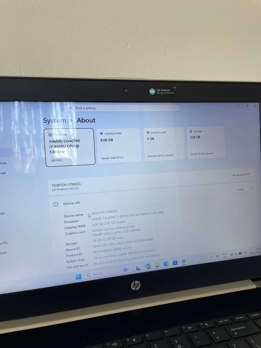 HP ProBook 450 G5 | Intel Core i7 (8th Gen) | 8GB RAM | 256GB SSD | 2GB NVIDIA Graphics laptop