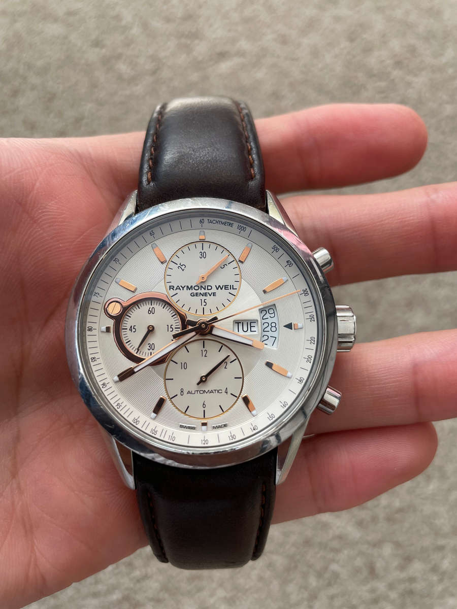 Raymond Weil Freelancer Automatic Chronograph Stainless Steel Silver Dial Brown Leather Day/Date Men