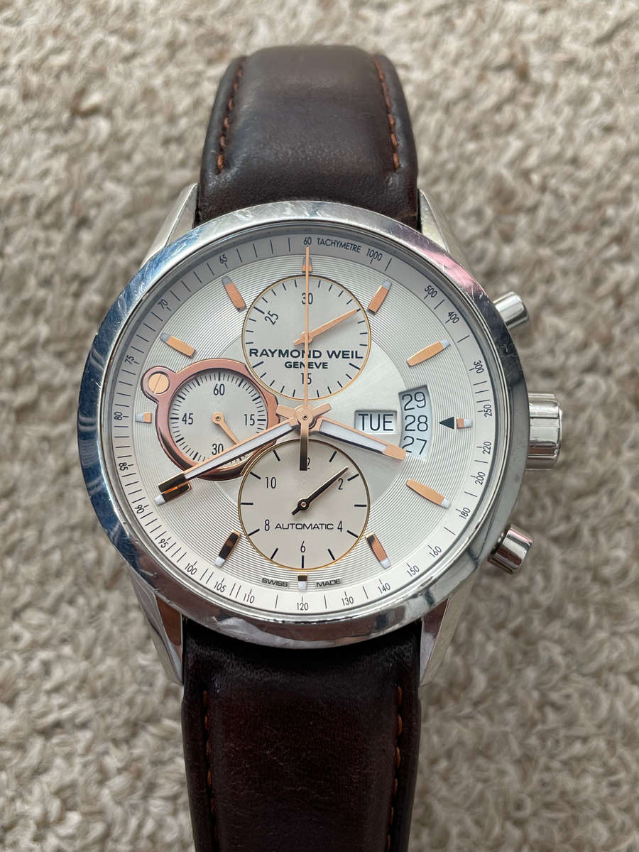 Raymond Weil Freelancer Automatic Chronograph Stainless Steel Silver Dial Brown Leather Day/Date Men
