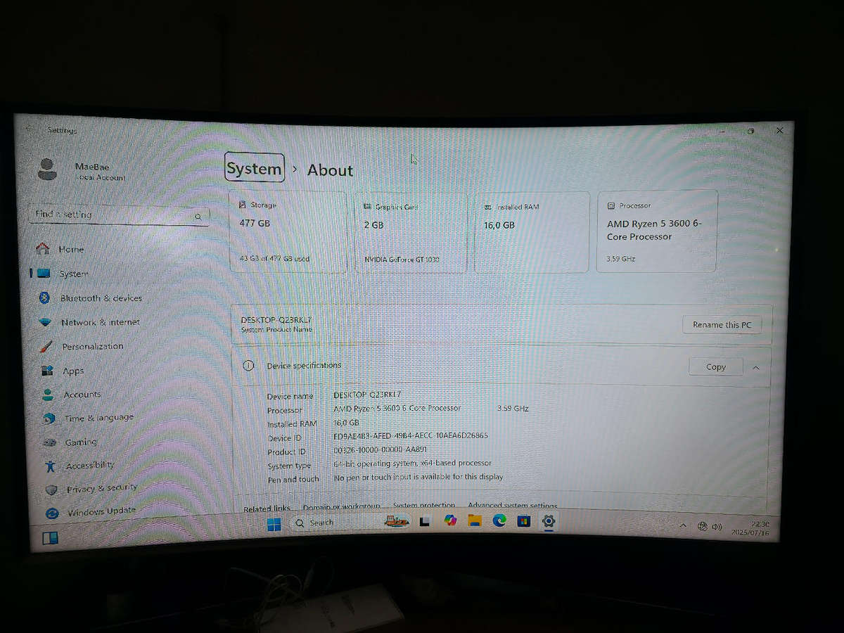 PC Box - Ryzen 5 3600, A320M, 16gb RAM, 500gb SSD, 1030 2gb