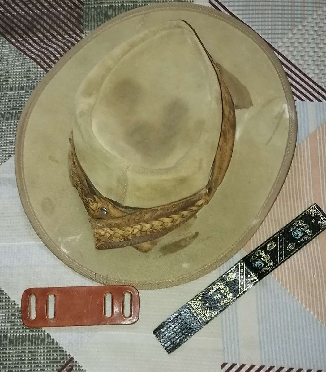 VINTAGE LEATHER BUSH HAT, LEATHER HANDLE AND LEATHER BOOK MARK