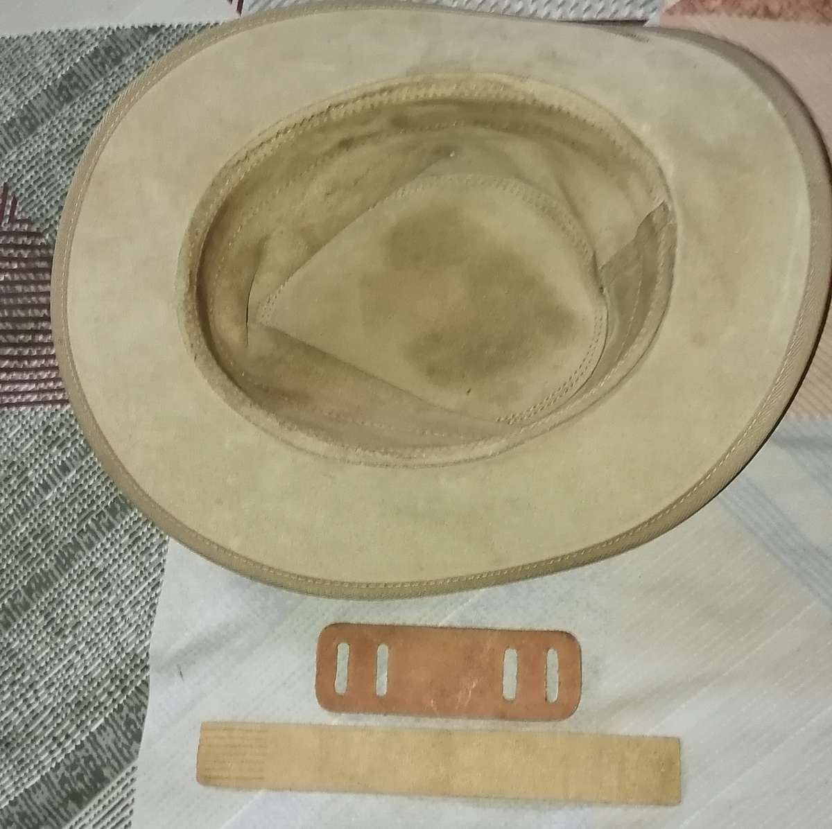 VINTAGE LEATHER BUSH HAT, LEATHER HANDLE AND LEATHER BOOK MARK