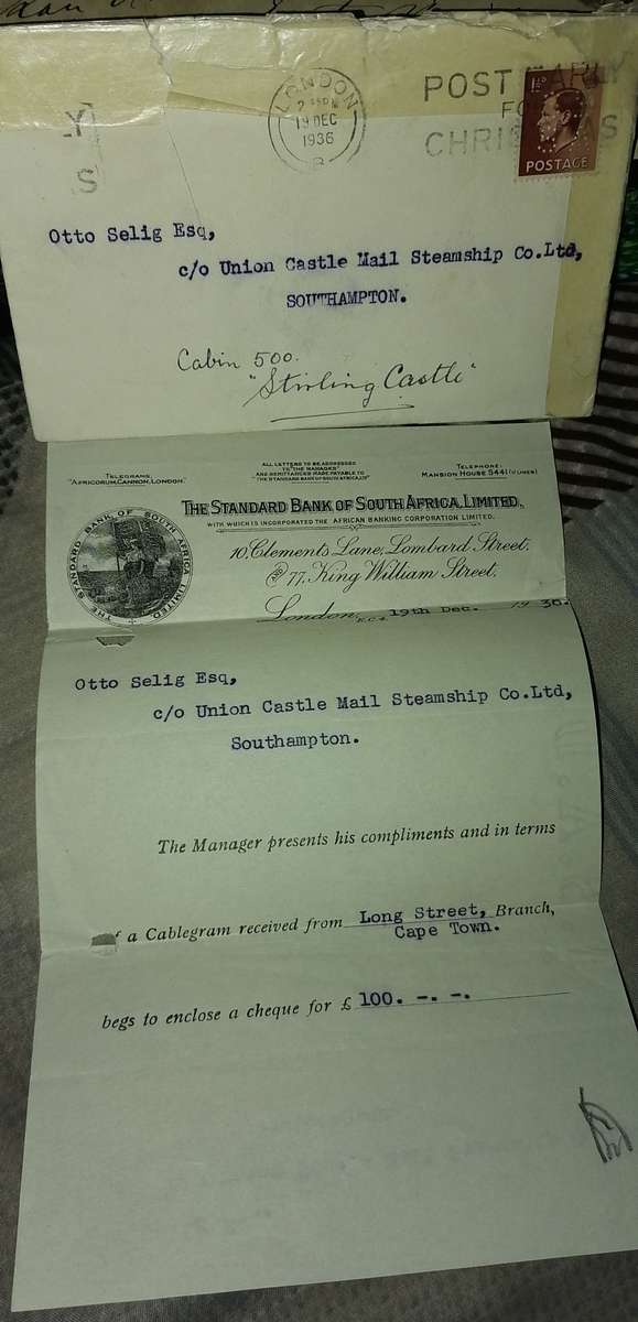19 December 1936 - Letter from The Standarbank of South Africa to the Union Castle Steam Ship