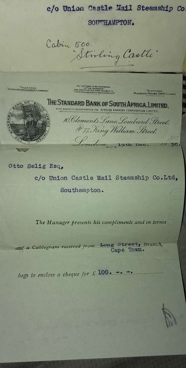 19 December 1936 - Letter from The Standarbank of South Africa to the Union Castle Steam Ship