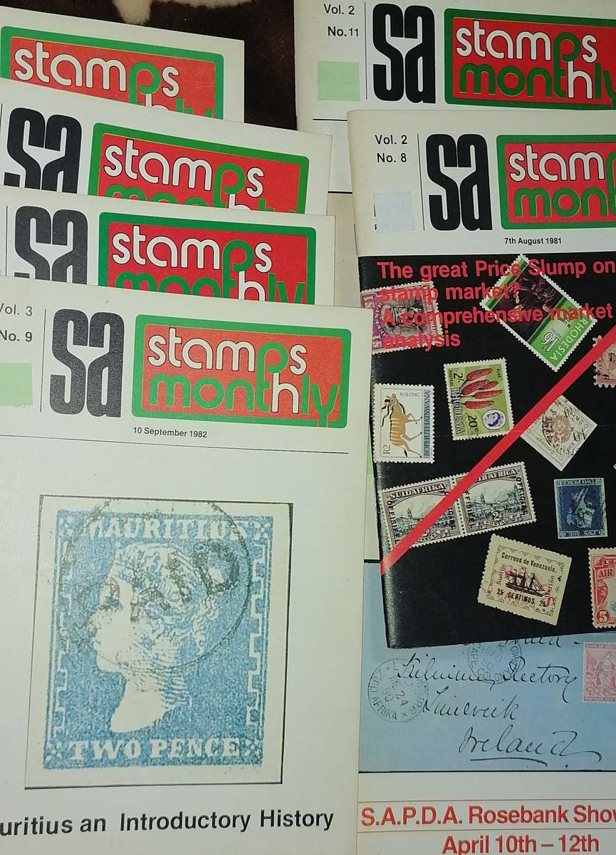 1 x WORLD STAMPS  ALBUM, 1x RSA SHEET, 7 X SA STAMPS MONTLY BOOKS, NICE COLLECTION
