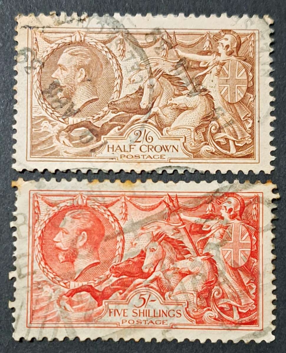 G- BRITAIN # 179-180 SINGLES  ( KING GEORGE V) **SEAHORSES** 2/6'- &  5/'- SHILLINGS HIGH VALUES*17*