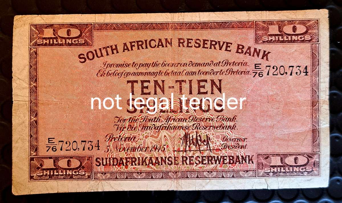 SOUTH AFRICA TEN/TIEN SHILLINGS BANK NOTE E76 720,734..
