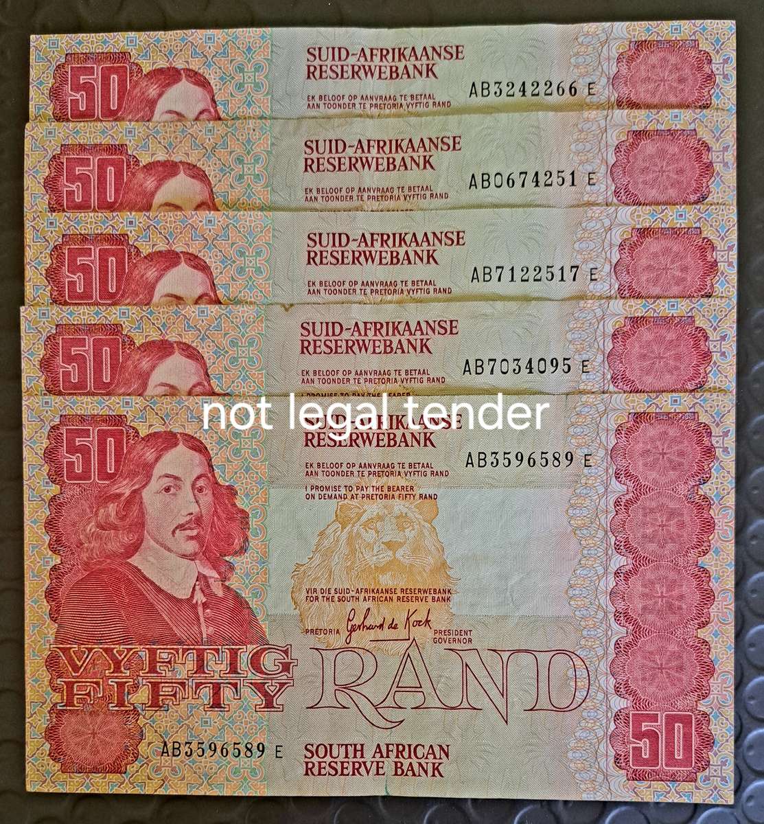 5 × **G DE KOCK** R50 BANK NOTES **VAN RIEBEECK** WTM.