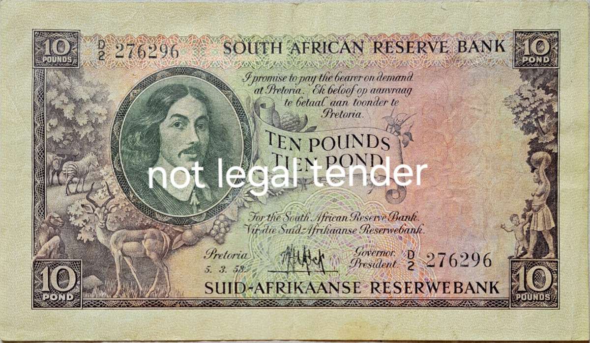 TEN-POUNDS SA BANK NOTE ( 05-03-1953 ) **D2 276296** THIS NOTE IS LIKE NEW **MH DE KOCK**