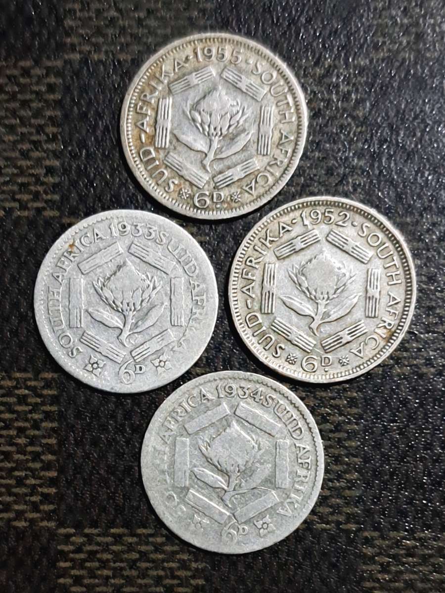 S.A. 4 Sixpence coins.  Silver.