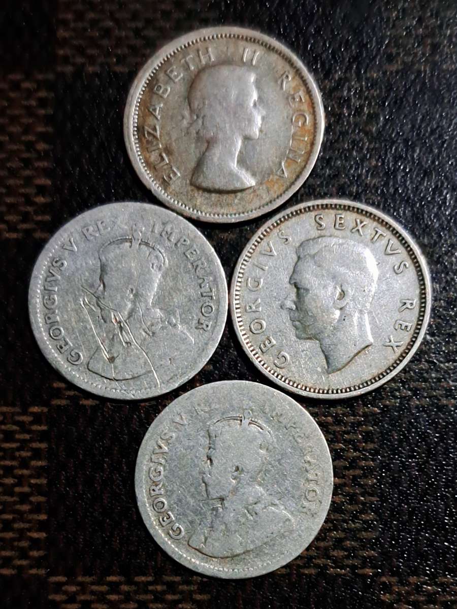 S.A. 4 Sixpence coins.  Silver.