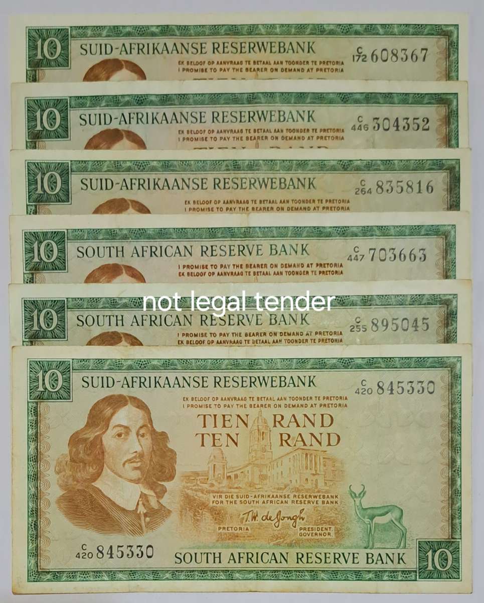 S.A.  6  Ten Rand bank notes  TW de Jongh.