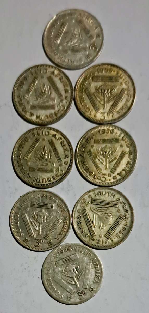 S.A. 8 Silver Threepence coins